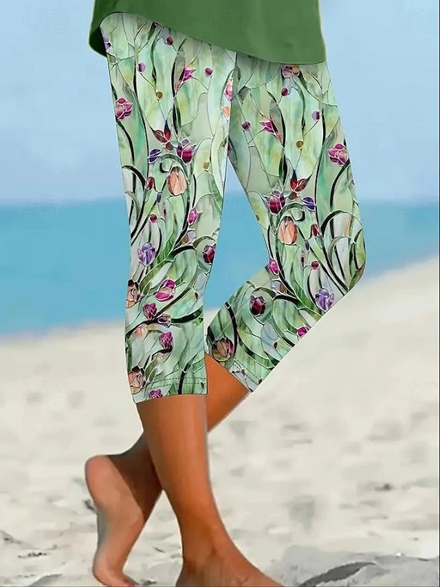 High Stretch Floral Print Tight Capri Pants High Waist