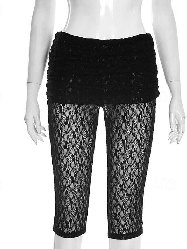 Women's Mid-Rise Lace Stretch Capri Pants, Slim Fit Fashion Trousers for Spring & Summer Vacation