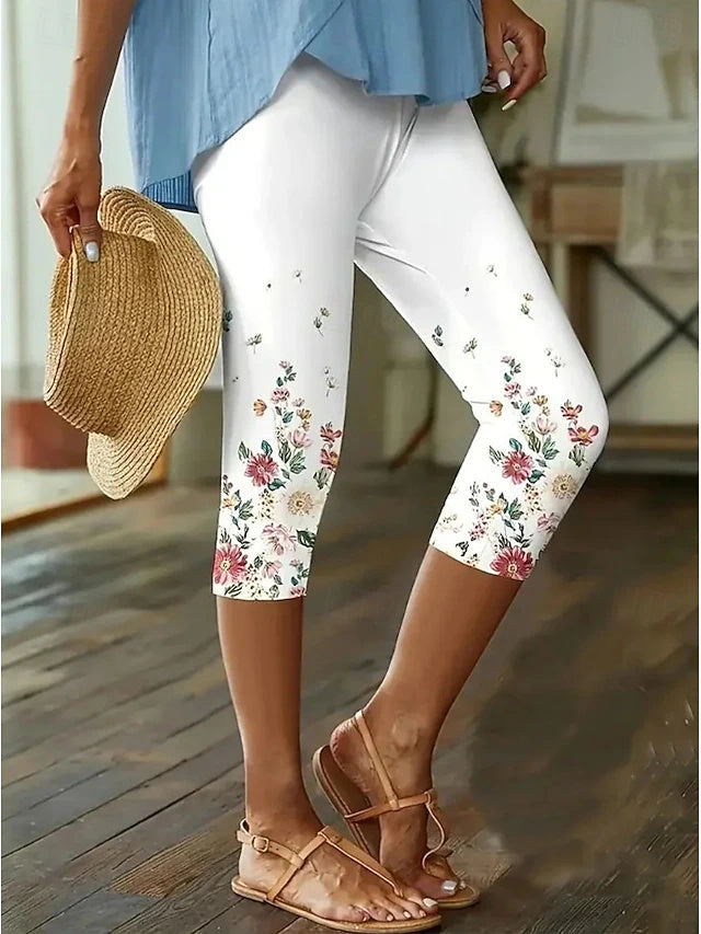 High Waist Printed Capri Leggings Stretch Slim Fit