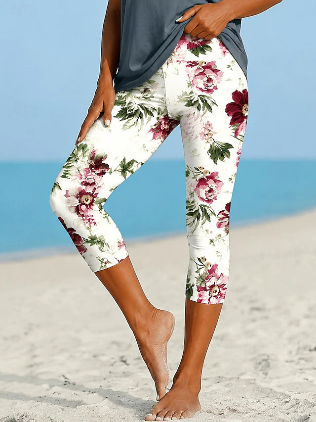 High Waist Printed Khaki Capri Leggings Stretch Slim Fit