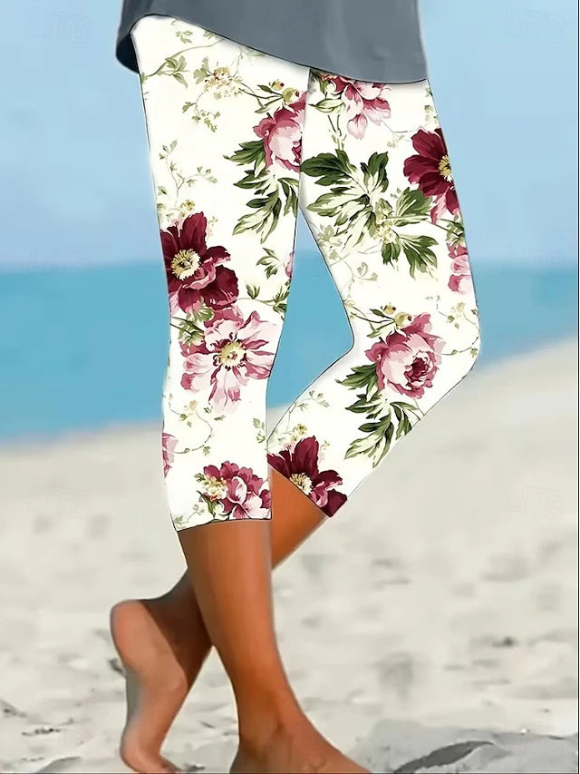 High Waist Printed Khaki Capri Leggings Stretch Slim Fit