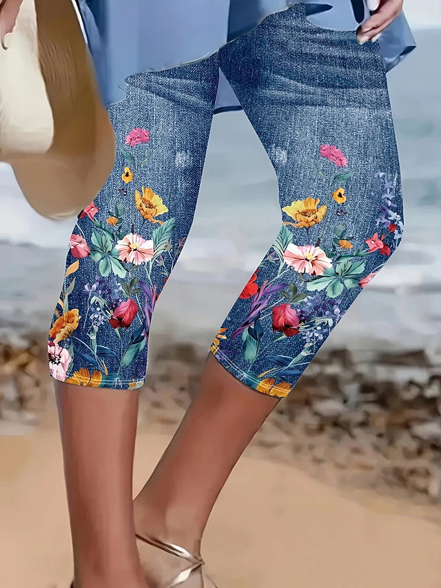 Hawaiian Floral Print Capri Leggings Mid-Rise Stretch