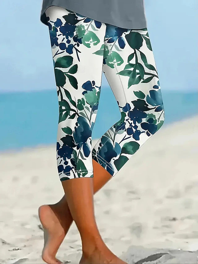 Hawaiian Floral Print Capri Leggings Mid-Rise Stretch