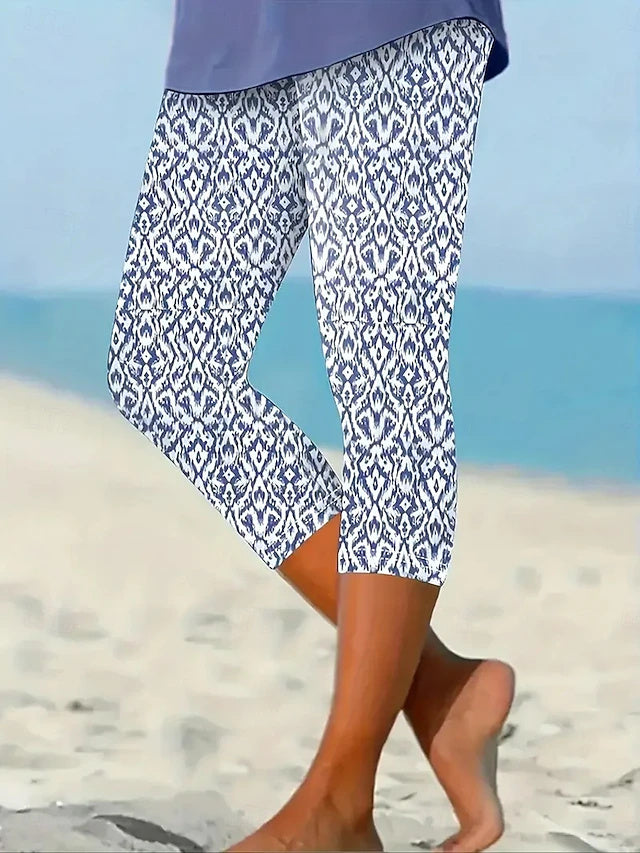 Hawaiian Floral Print Capri Leggings Mid-Rise Stretch