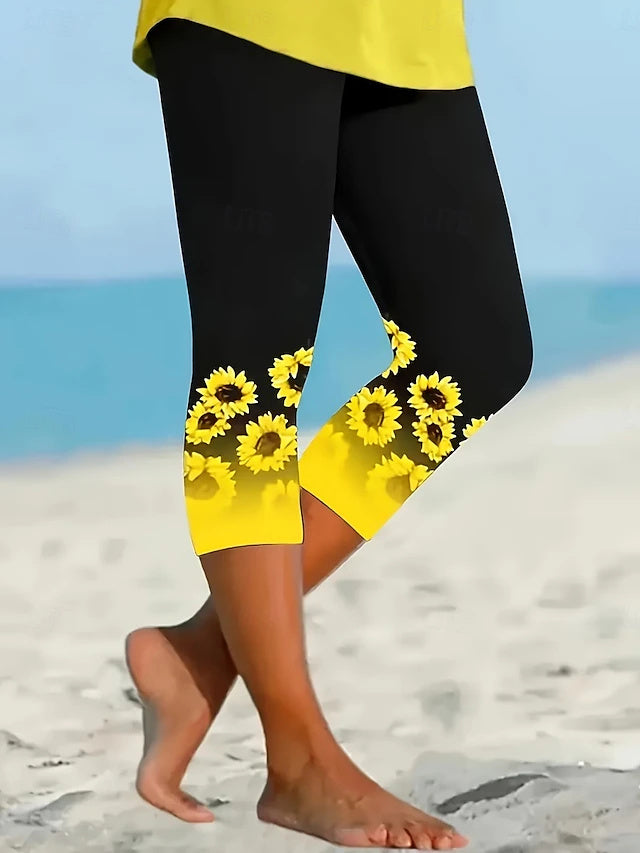 Sunflower Print Khaki Capri Leggings High Waist Stretch