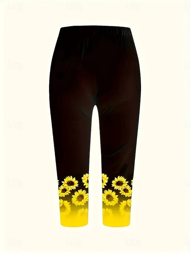 Sunflower Print Khaki Capri Leggings High Waist Stretch