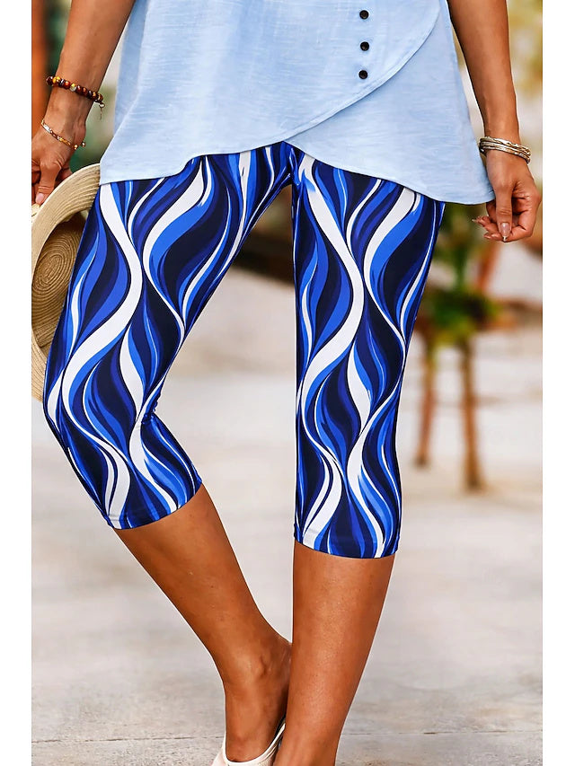 Abstract Geometric Print Khaki Capri Leggings High Waist