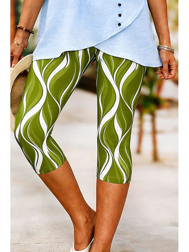 Abstract Geometric Print Khaki Capri Leggings High Waist
