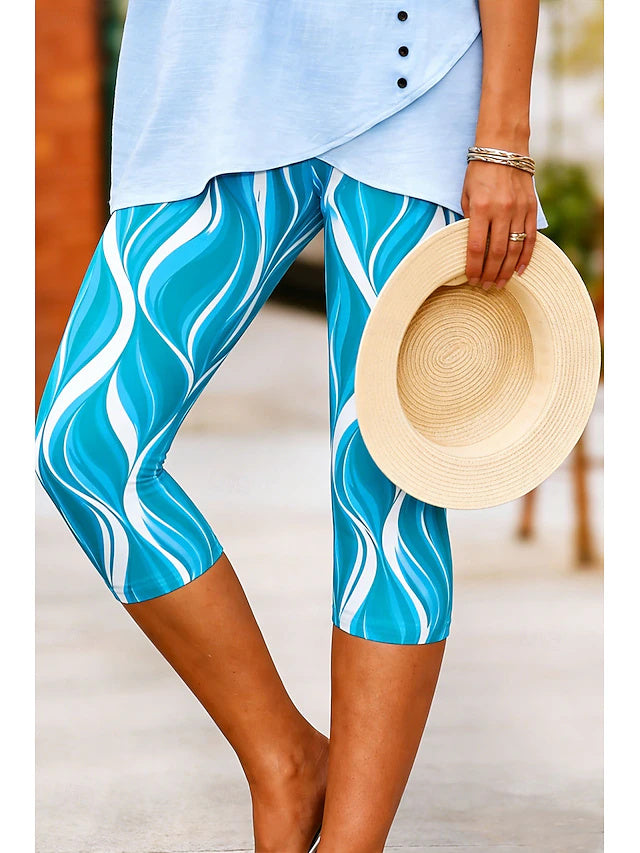 Abstract Geometric Print Khaki Capri Leggings High Waist