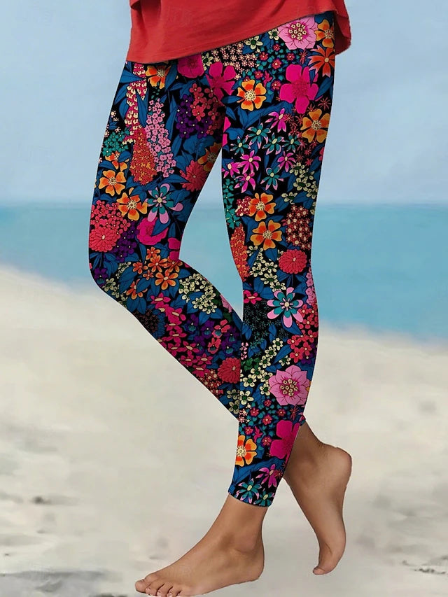 Printed Full Length Leggings High Waist Elastic Waistband