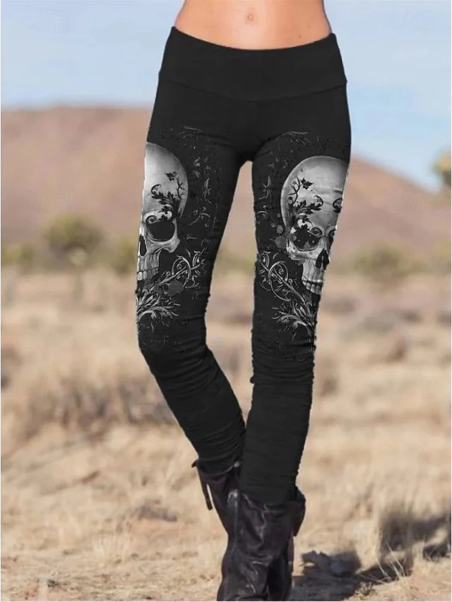 Skull Print Skinny Ankle Pants High Waist Stretch