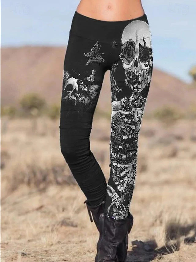 Skull Print Skinny Ankle Pants High Waist Stretch