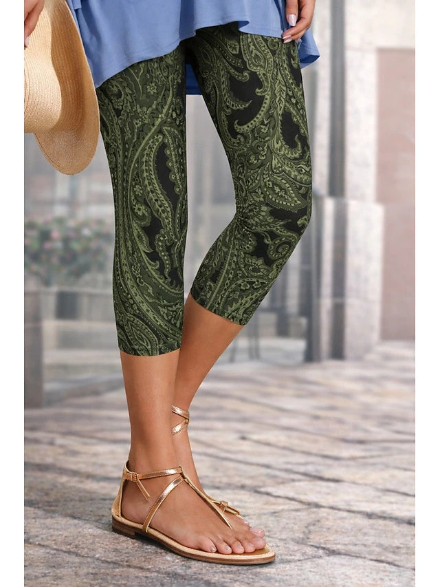 Paisley Floral Print Khaki Capri Leggings High Waist