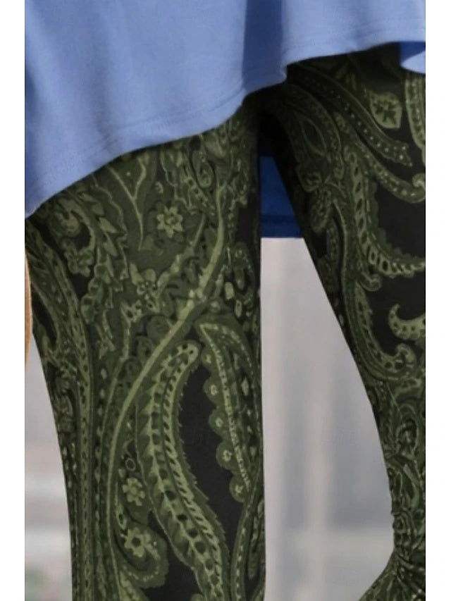 Paisley Floral Print Khaki Capri Leggings High Waist