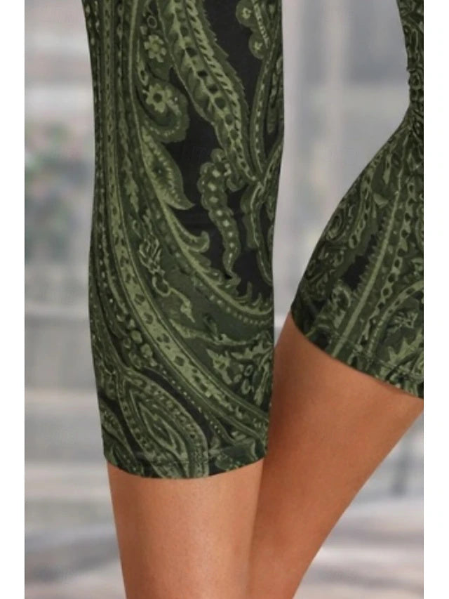 Paisley Floral Print Khaki Capri Leggings High Waist