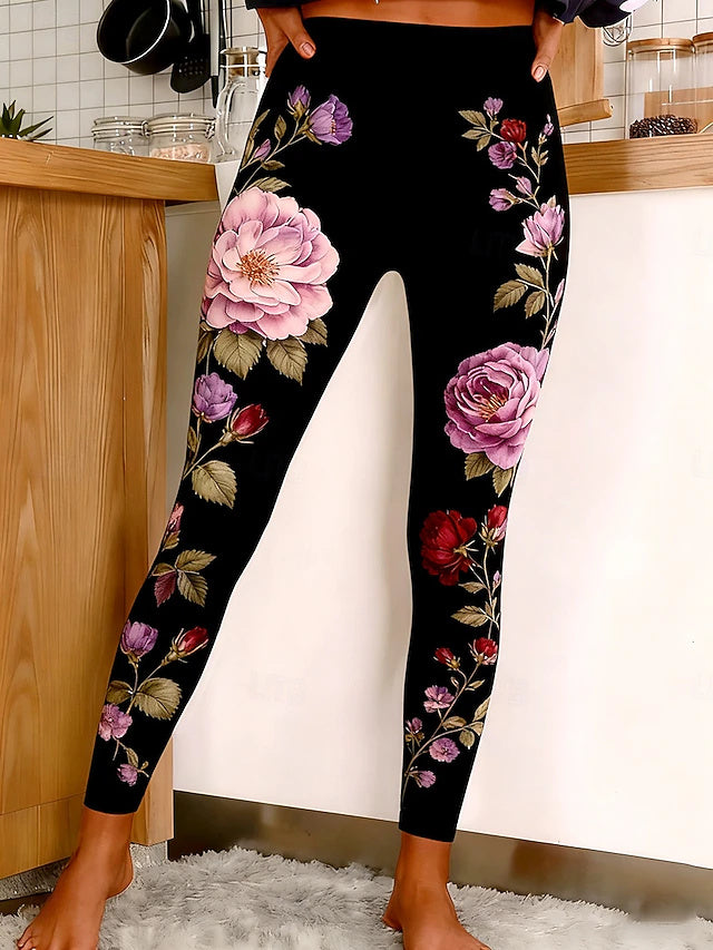 Rose Print Full Length Leggings High Waist Stretch