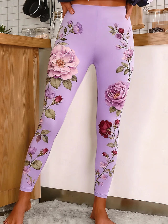 Rose Print Full Length Leggings High Waist Stretch
