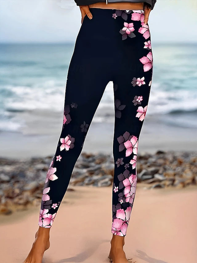 Floral Abstract Print Full Length Leggings High Waist Stretch