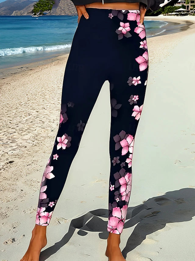 Floral Abstract Print Full Length Leggings High Waist Stretch