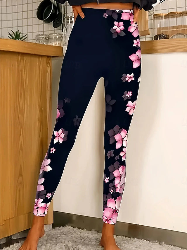 Floral Abstract Print Full Length Leggings High Waist Stretch