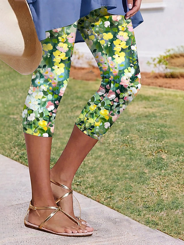Printed Khaki Capri Leggings High Waist Stretch