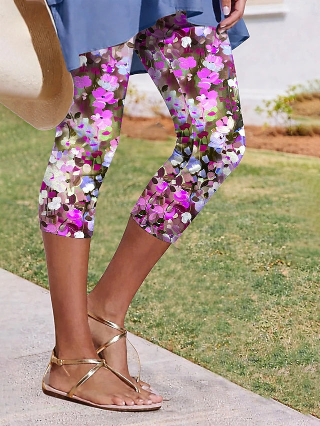 Printed Khaki Capri Leggings High Waist Stretch