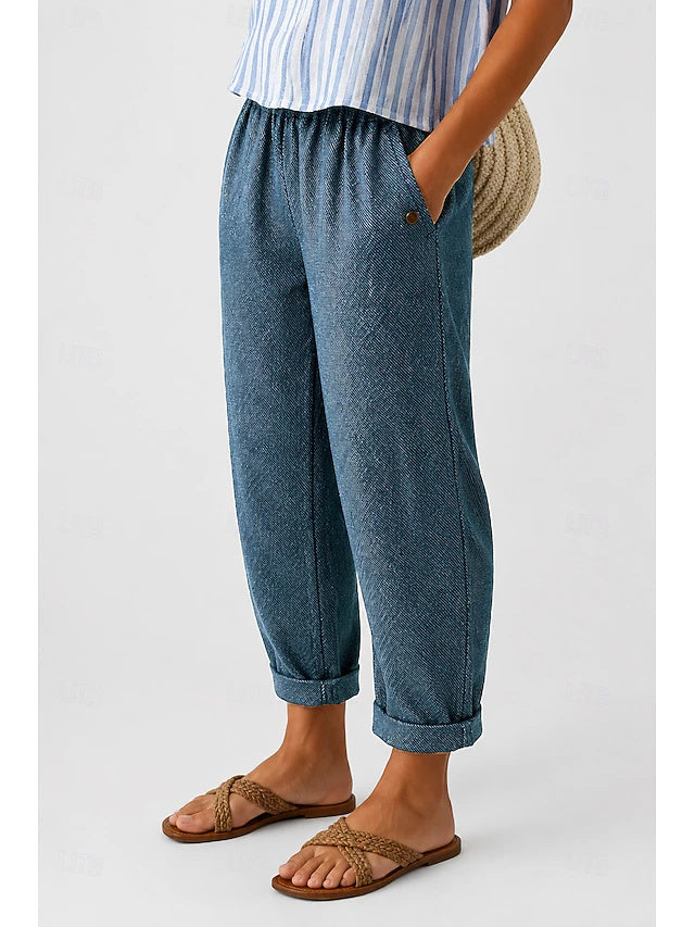 Women's High Waist Solid Color Ankle-Length Casual Jeans with Pockets, Loose Fit, Soft & Breathable Basic Style for Daily & Vacation, Spring & Summer