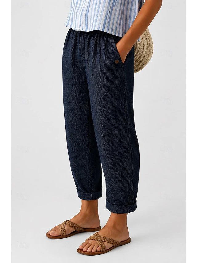 Women's High Waist Solid Color Ankle-Length Casual Jeans with Pockets, Loose Fit, Soft & Breathable Basic Style for Daily & Vacation, Spring & Summer