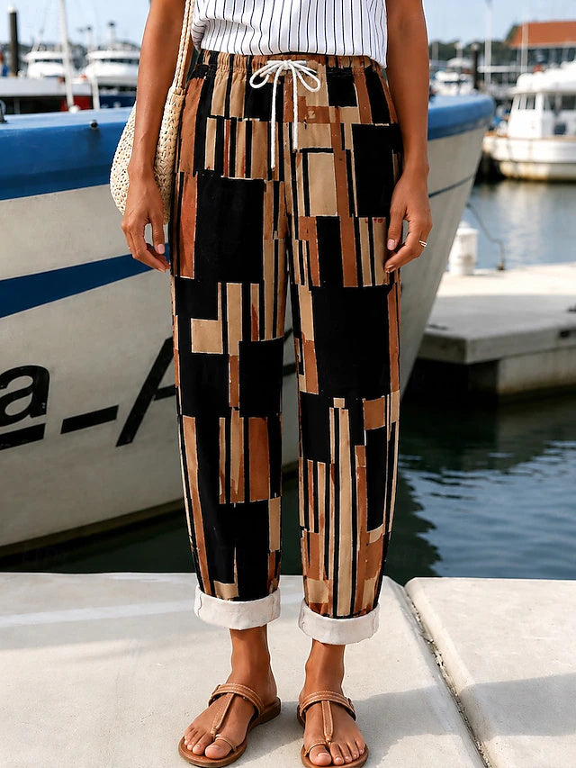 Women's Mid-Rise Full-Length Khaki Pants, Retro Casual Geometric Print with Pockets, Soft & Comfy for Outdoor, Daily & Vacation Wear, Spring & Summer