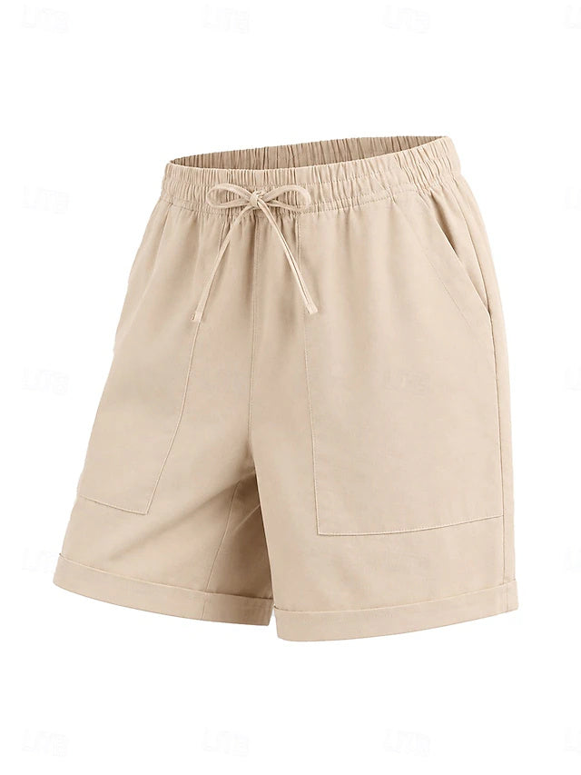 Women's High Waist Solid Linen Khaki Shorts, Basic Style with Pockets & Elastic Waistband, Soft & Comfy for Summer