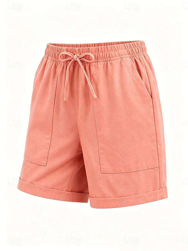 Women's High Waist Solid Linen Khaki Shorts, Basic Style with Pockets & Elastic Waistband, Soft & Comfy for Summer