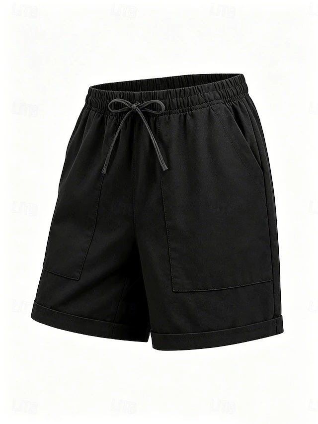 Women's High Waist Solid Linen Khaki Shorts, Basic Style with Pockets & Elastic Waistband, Soft & Comfy for Summer