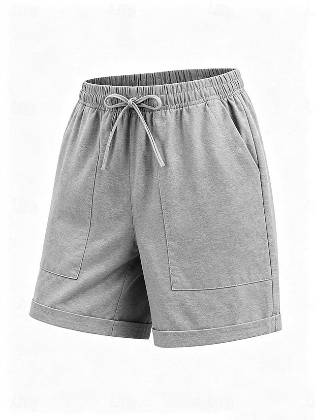Women's High Waist Solid Linen Khaki Shorts, Basic Style with Pockets & Elastic Waistband, Soft & Comfy for Summer