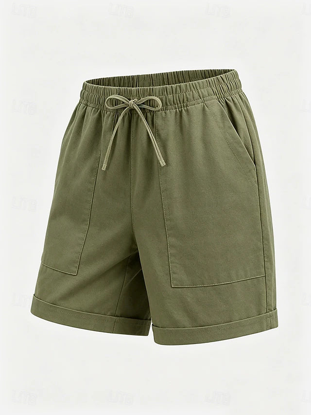 Women's High Waist Solid Linen Khaki Shorts, Basic Style with Pockets & Elastic Waistband, Soft & Comfy for Summer