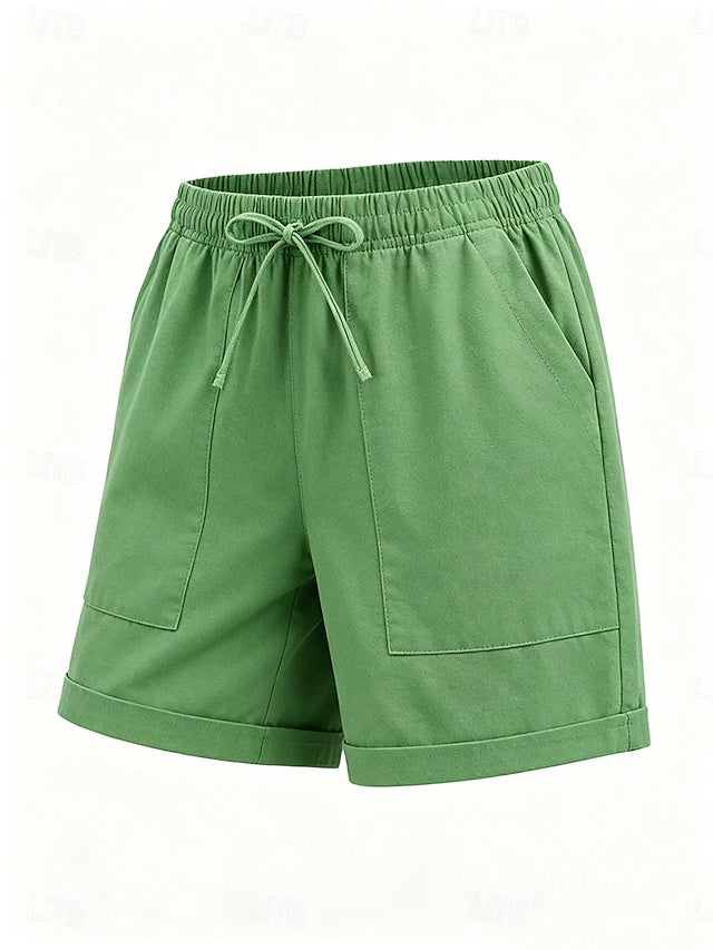 Women's High Waist Solid Linen Khaki Shorts, Basic Style with Pockets & Elastic Waistband, Soft & Comfy for Summer