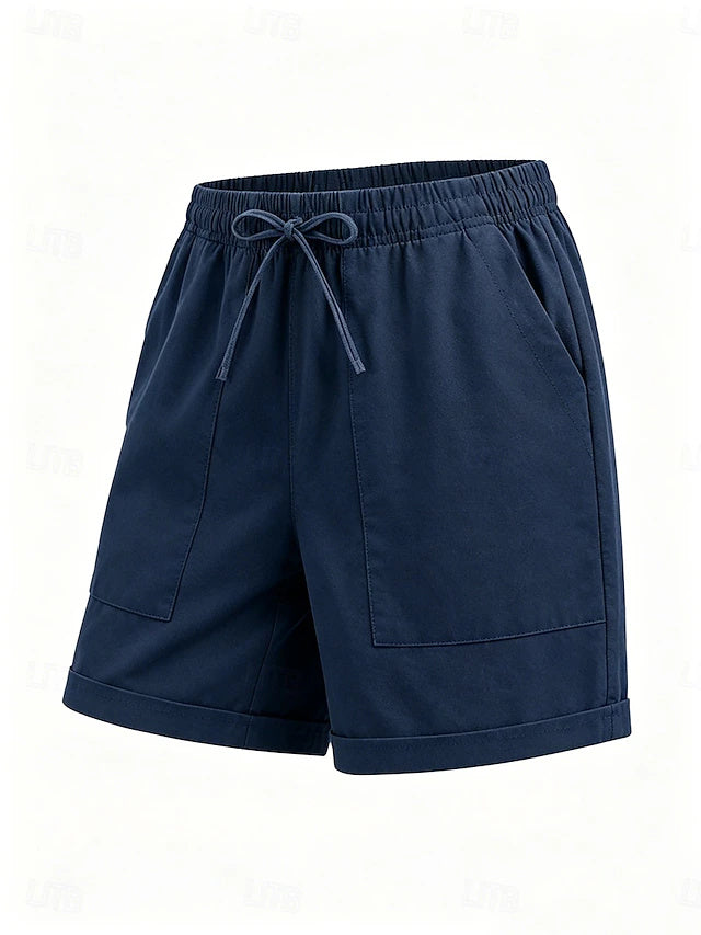 Women's High Waist Solid Linen Khaki Shorts, Basic Style with Pockets & Elastic Waistband, Soft & Comfy for Summer