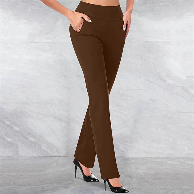 Women's Full-Length Casual Dress Pants, Natural Color with Square Pockets & Elastic Waist, Street Style Regular Fit for Daily & Holiday Wear in Autumn
