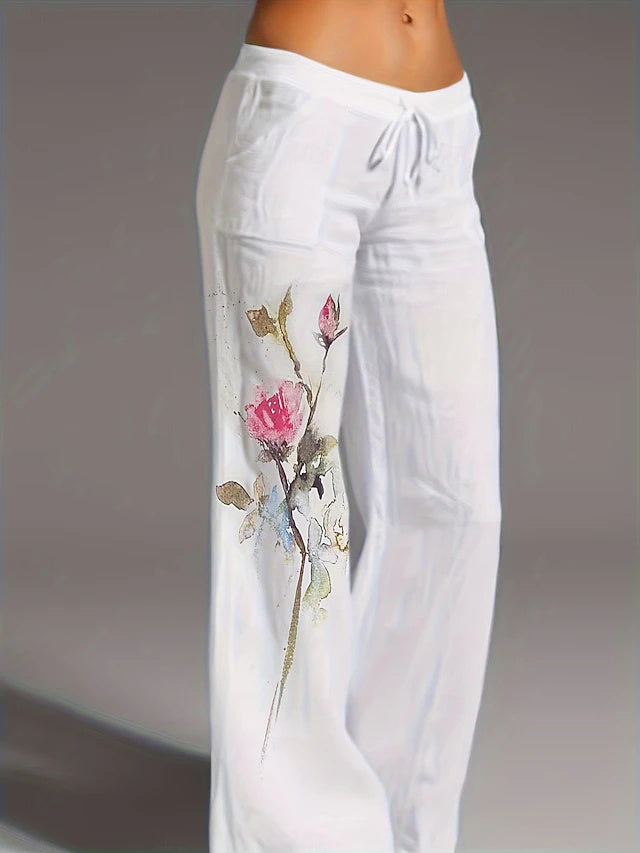 Women's Mid-Rise Full-Length Printed Wide Leg Pants with Pockets & Elastic Waistband, Fashion Street Style, Soft & Breathable for Daily, Outdoor & Vacation Wear in Summe