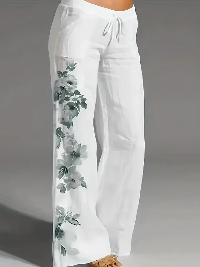 Women's Mid-Rise Full-Length Printed Wide Leg Pants with Pockets & Elastic Waistband, Fashion Street Style, Soft & Breathable for Daily, Outdoor & Vacation Wear in Summe