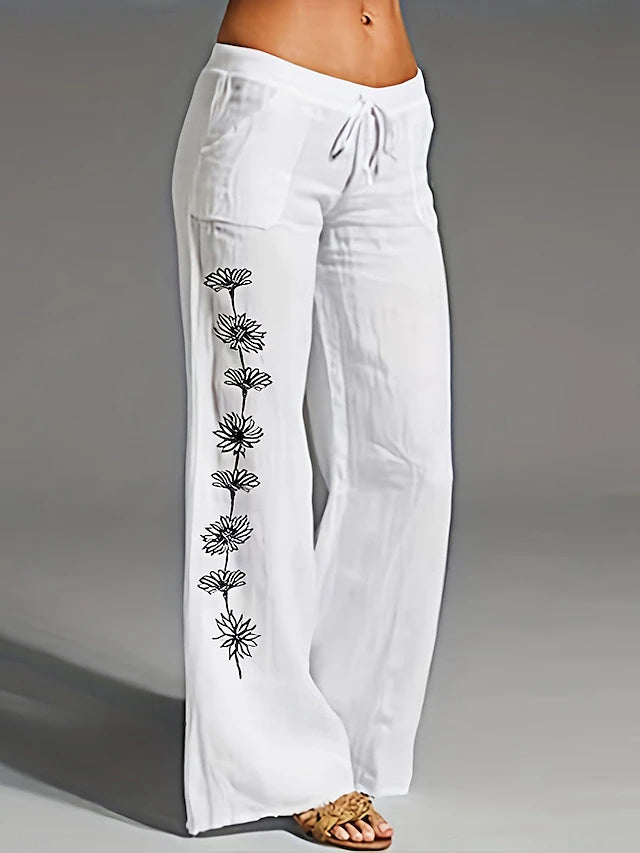 Women's Mid-Rise Full-Length Printed Wide Leg Pants with Pockets & Elastic Waistband, Fashion Street Style, Soft & Breathable for Daily, Outdoor & Vacation Wear in Summe