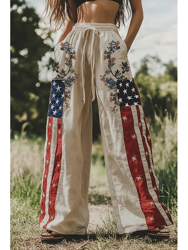 Women's High Waist Bohemian Printed Wide Leg Pants with Drawstring Elastic Waist, Breathable & Comfy, Casual Street Outfits for Independence Day 精简标题