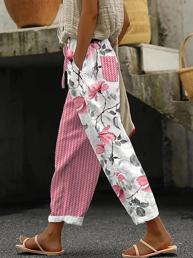 Women's High Waist Plaid Printed Linen-Look Loose Beach Pants, Retro Basic Style, Soft & Breathable for Casual Daily Wear in Spring & Summer