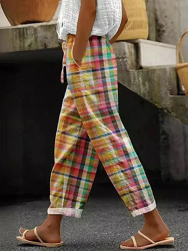 Women's High Waist Plaid Printed Linen-Look Loose Beach Pants, Retro Basic Style, Soft & Breathable for Casual Daily Wear in Spring & Summer