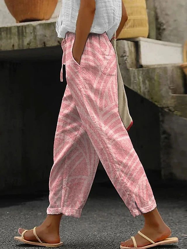 Women's High Waist Plaid Printed Linen-Look Loose Beach Pants, Retro Basic Style, Soft & Breathable for Casual Daily Wear in Spring & Summer