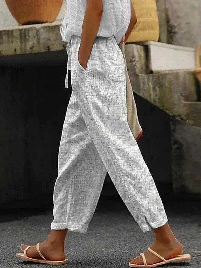 Women's High Waist Plaid Printed Linen-Look Loose Beach Pants, Retro Basic Style, Soft & Breathable for Casual Daily Wear in Spring & Summer