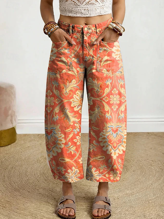 Women's High Waist Printed Twill Cotton Ankle-Length Wide Leg Pants, Retro Casual Style, Soft & Breathable for Daily, Outdoor & Vacation Wear in Spring & Summer