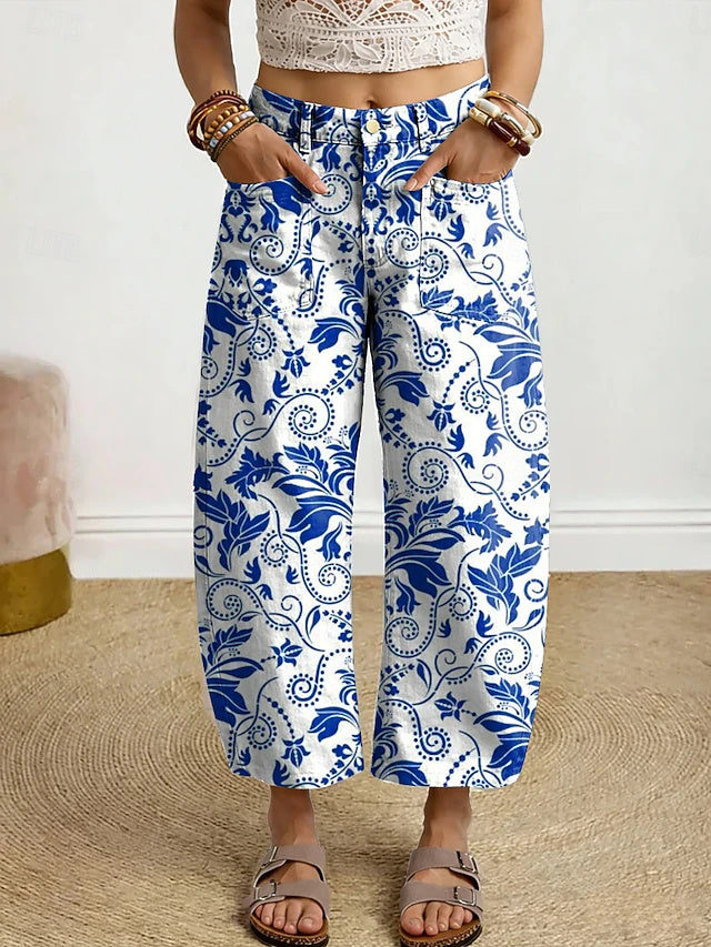 Women's High Waist Printed Twill Cotton Ankle-Length Wide Leg Pants, Retro Casual Style, Soft & Breathable for Daily, Outdoor & Vacation Wear in Spring & Summer