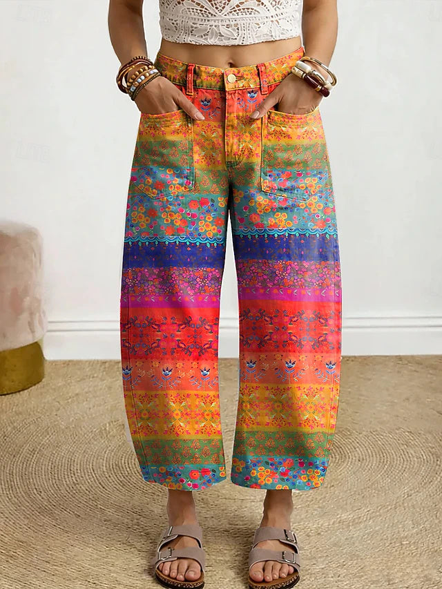 Women's High Waist Printed Twill Cotton Ankle-Length Wide Leg Pants, Retro Casual Style, Soft & Breathable for Daily, Outdoor & Vacation Wear in Spring & Summer
