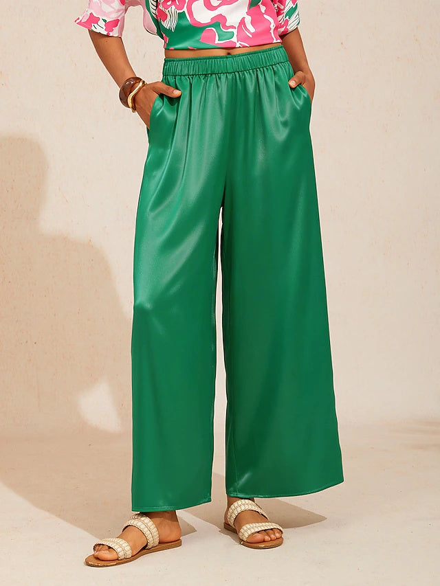 Silky Satin Green Elastic Waist Wide Leg Pants