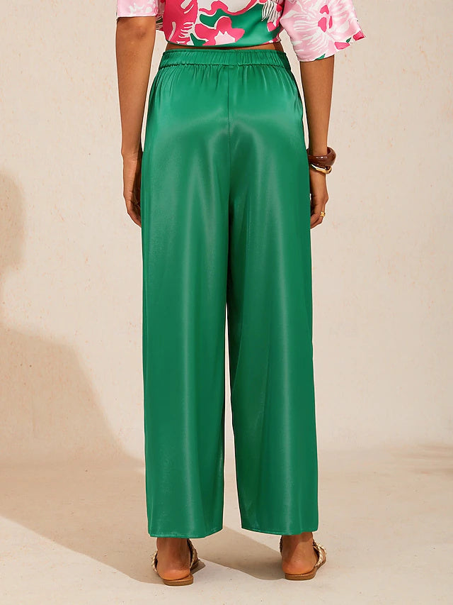 Silky Satin Green Elastic Waist Wide Leg Pants